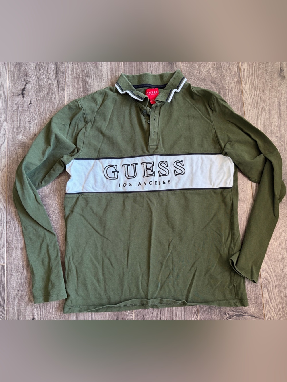 Guess Olive Green and White Long Sleeve Polo Shirt 100% cotton